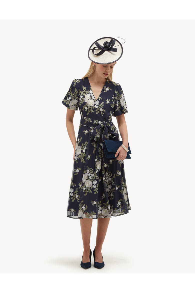 Ira Embroidered V-Neck Midi Dress, Alternate, color, Midnightivory