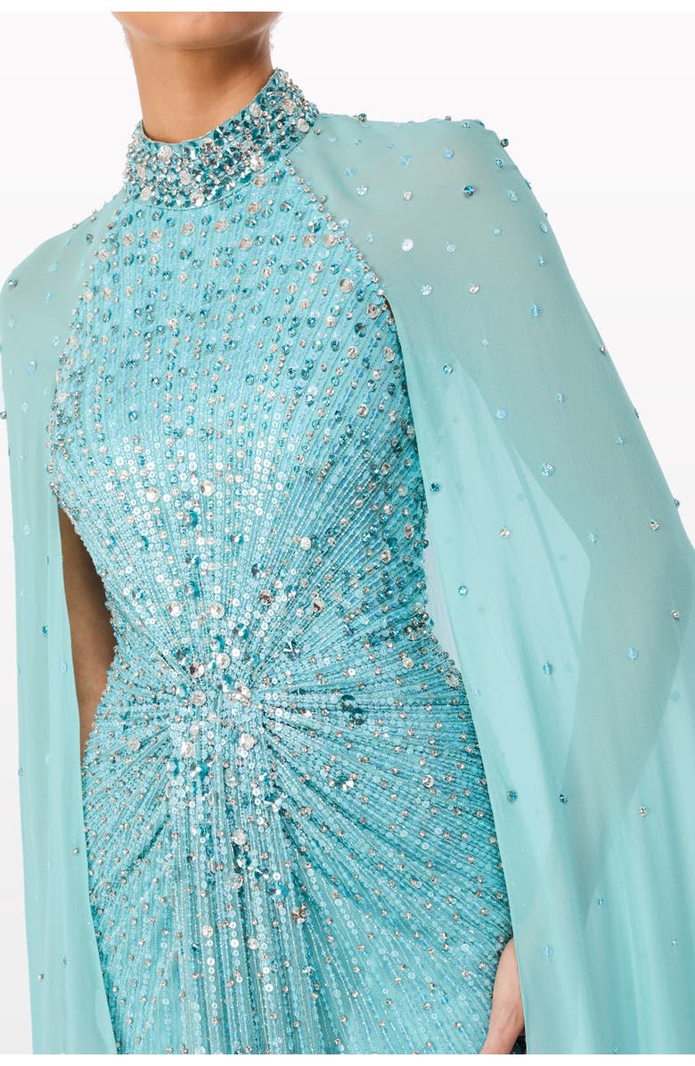 Jenny Packham Thea Embellished Cape Maxi Dress, Alternate, color, Light Turquoise