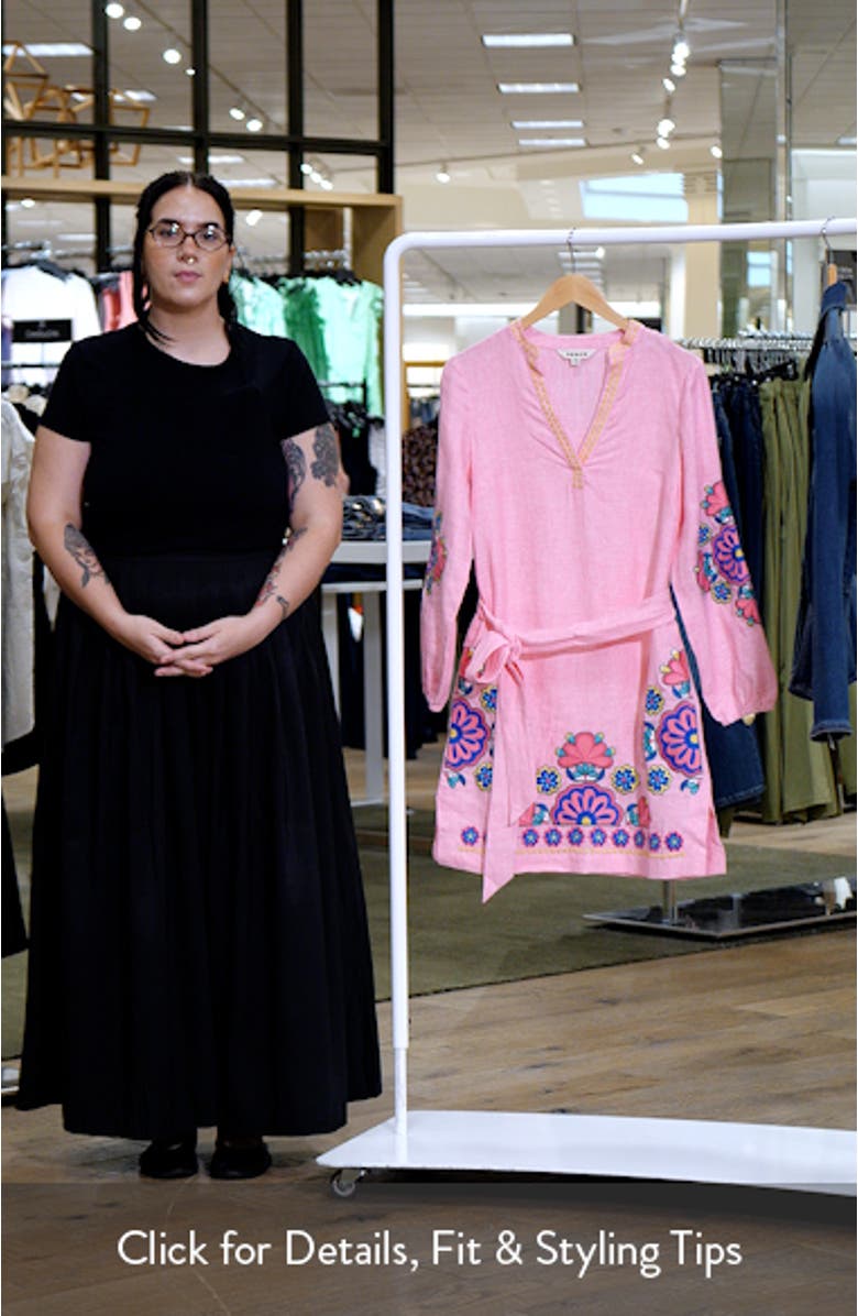 Cleo Floral Embroidered Tie Waist Long Sleeve Linen Dress, sales video thumbnail