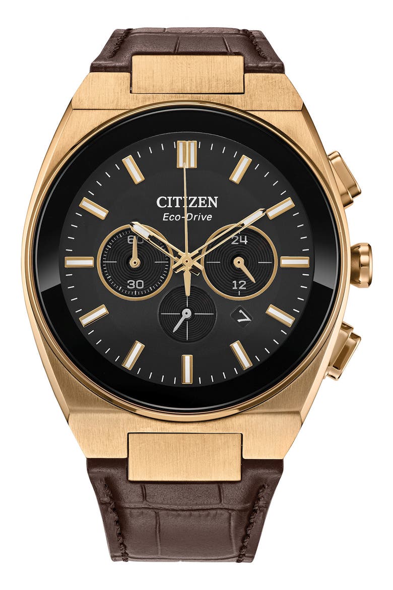 Axiom Eco-Drive Chronograph Croc Embossed Leather Strap Watch, 43mm, Main, color, BLACK