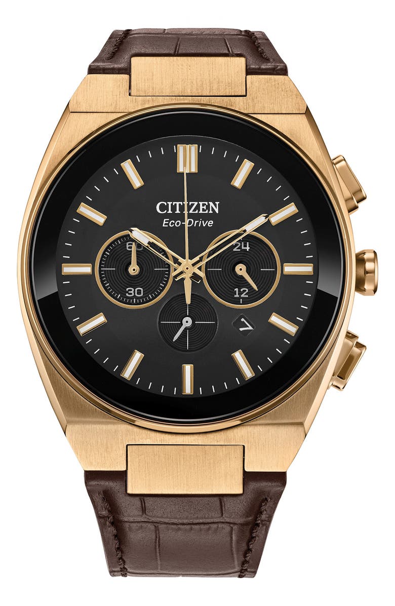 Citizen Axiom Eco-Drive Chronograph Croc Embossed Leather Strap Watch, 43mm, Main, color, Black