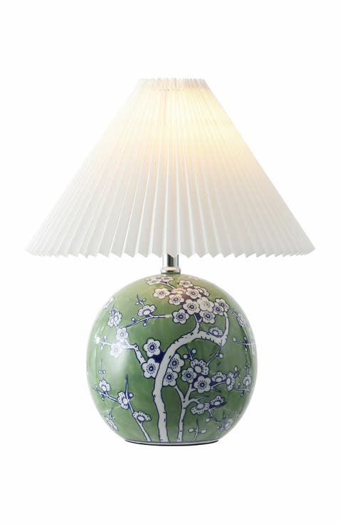 Shishen Cottage Classic Chinoiserie Ceramic Orb LED Table Lamp with Pleated Shade