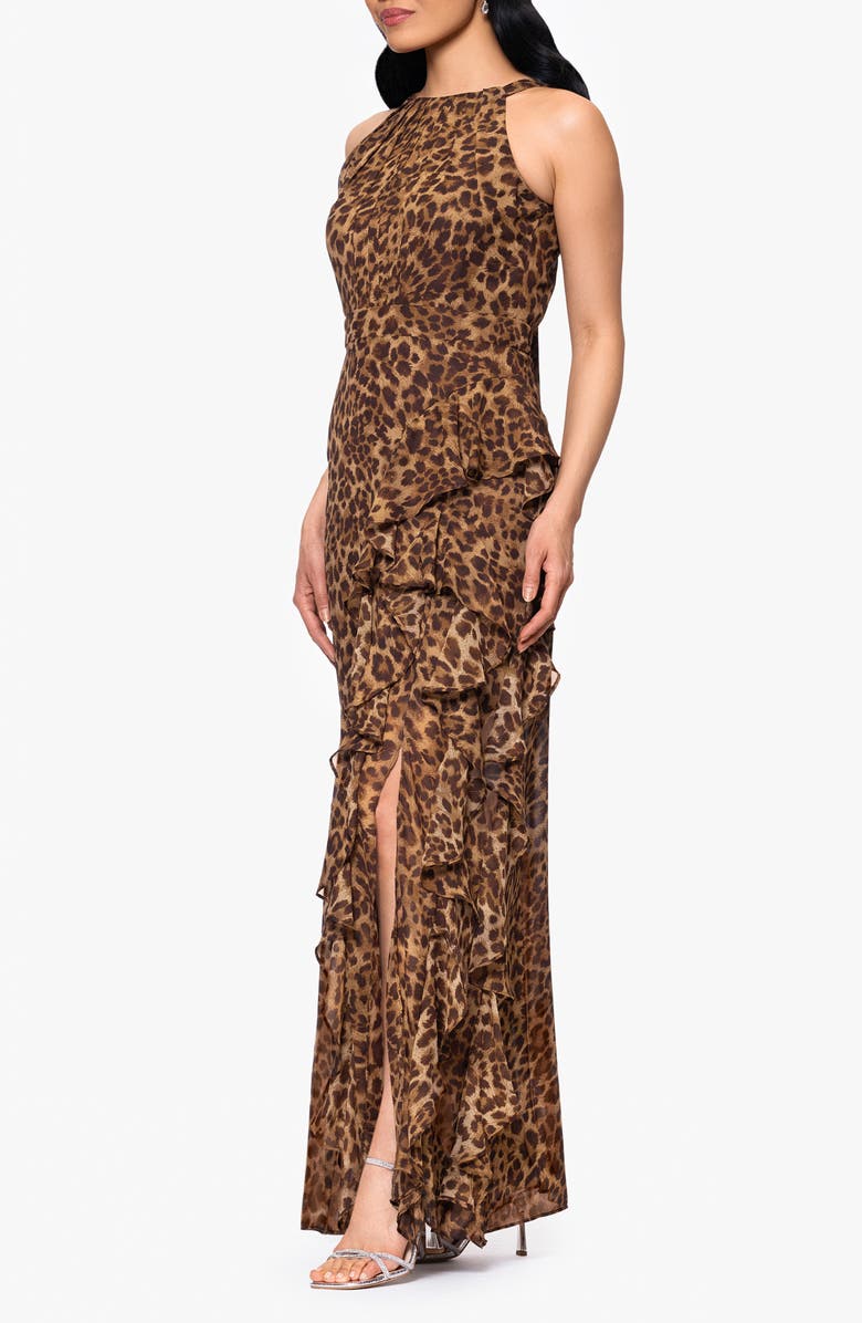 Betsy & Adam Leopard Print Ruffle Detail Chiffon Sheath Gown, Alternate, color,