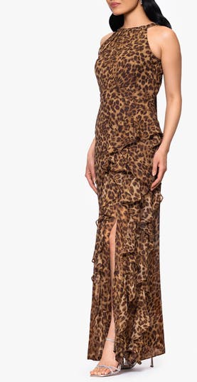 Leopard Print Ruffle Detail Chiffon Sheath Gown