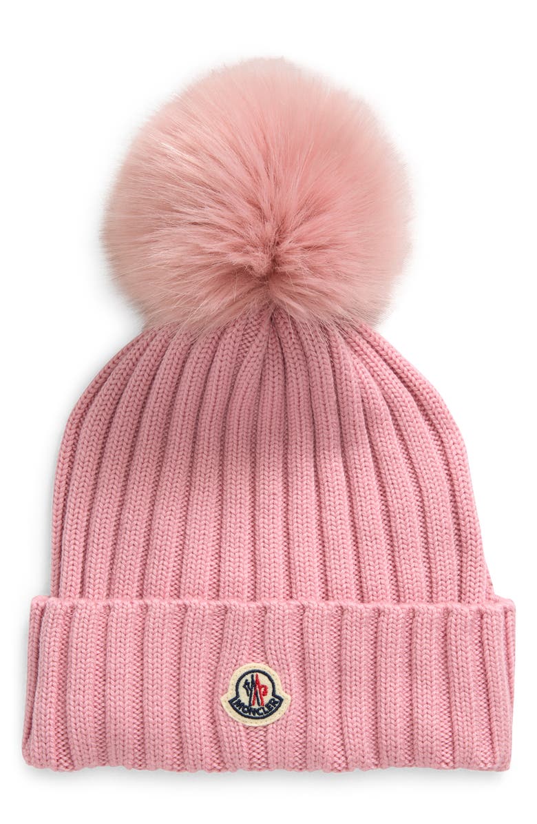Moncler Virgin Wool Rib Beanie with Faux Fur Pompom, Main, color, Pastel Pink