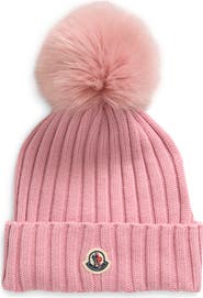 Moncler Virgin Wool Rib Beanie with Faux Fur Pompom