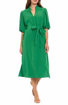 London Times Split Neck Tie Waist Midi Dress