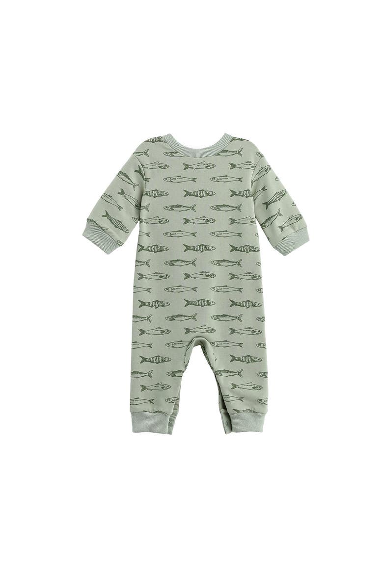 Matthew Long Sleeve Fish Print Ribbed Trim Button Placket Romper, Alternate, color, Green