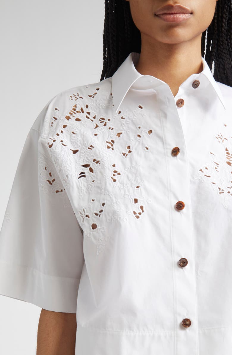 Lafayette 148 New York Eyelet Organic Cotton Poplin Crop Button-Up Shirt, Alternate, color, White