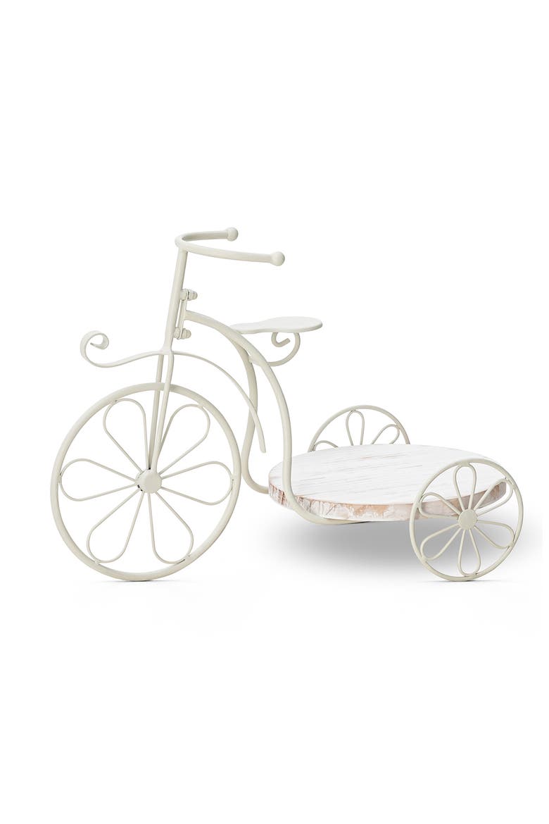 18"L Solid Wood and Metal Tricycle Planter Stand with Tray, Main, color, White