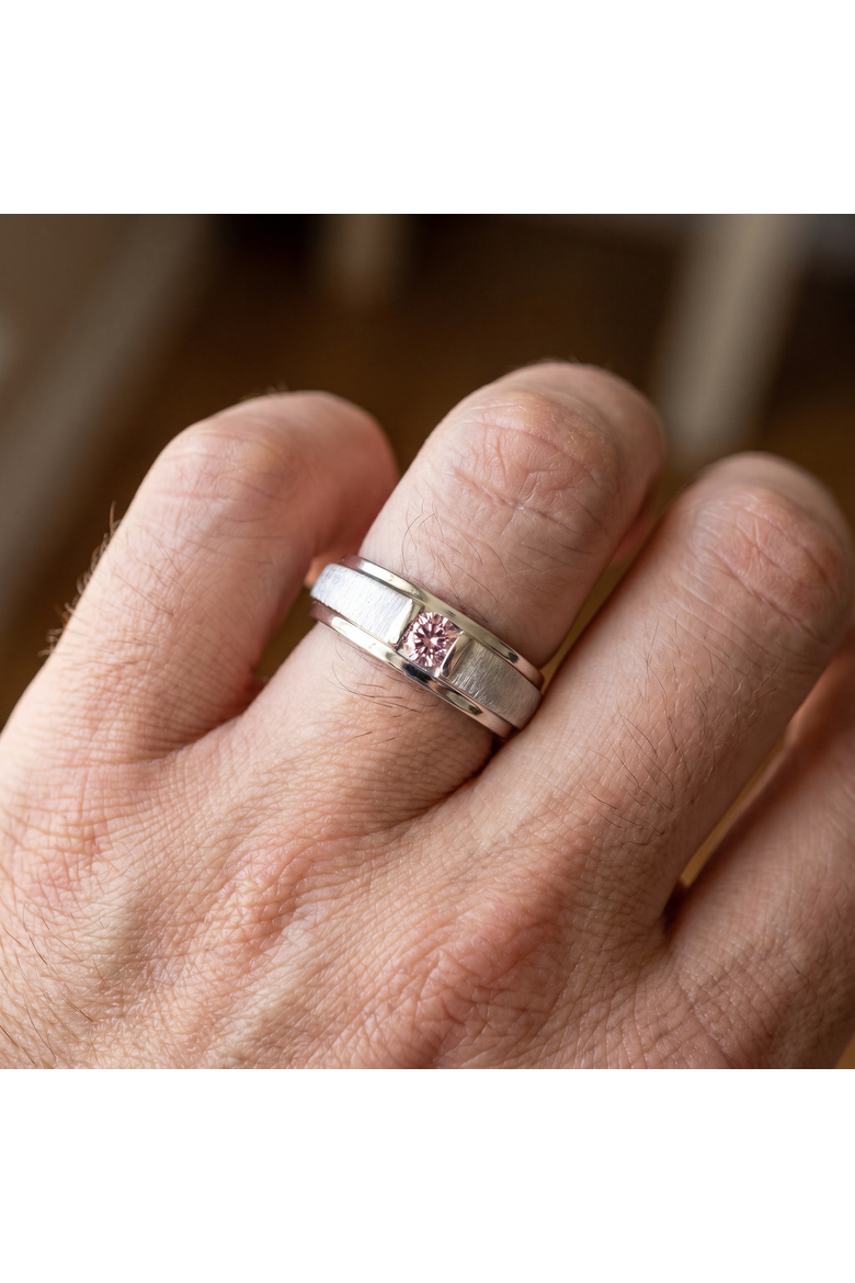 Mens Brushed Pink Diamond Lab Grown Wedding Brushed Anniversary Ring Gold, Alternate, color, 10k White Gold