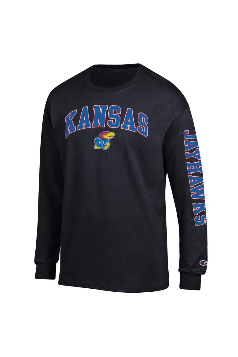 Men's Champion  Black Kansas Jayhawks Arch Over Logo 2-Hit Long Sleeve T-Shirt, Alternate, color, Black