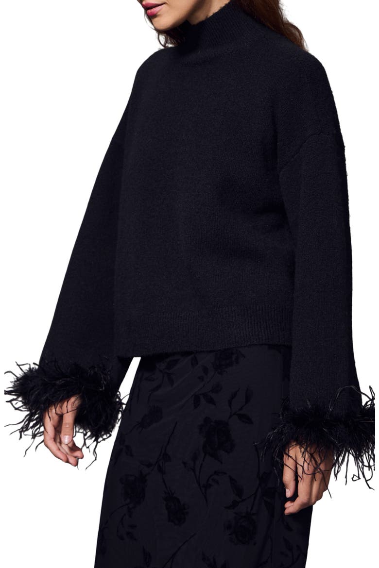 Feather Trim Mock Neck Sweater, Alternate, color, BLACK