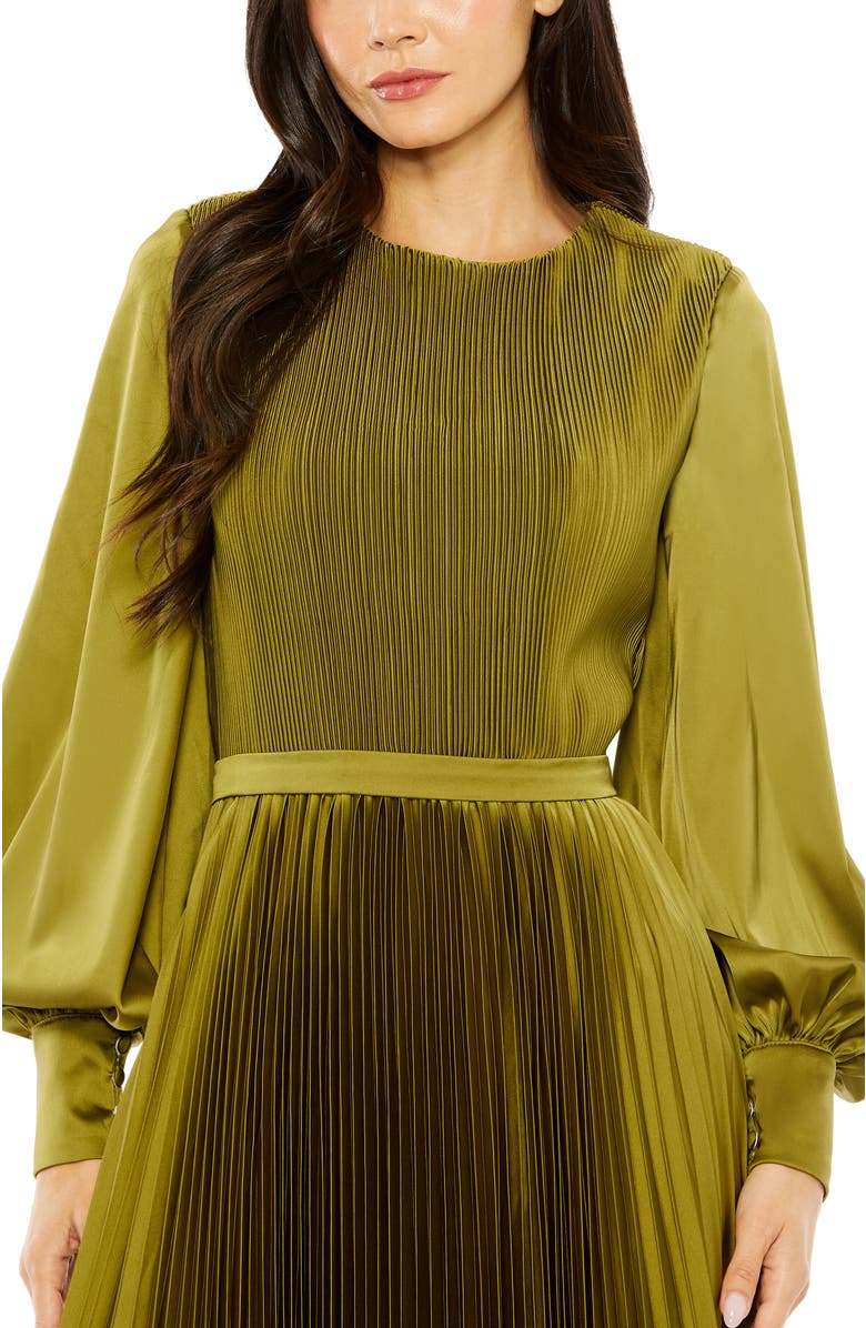 Mac Duggal Long Sleeve High Neck Heat Pleated Dress, Alternate, color, Olive