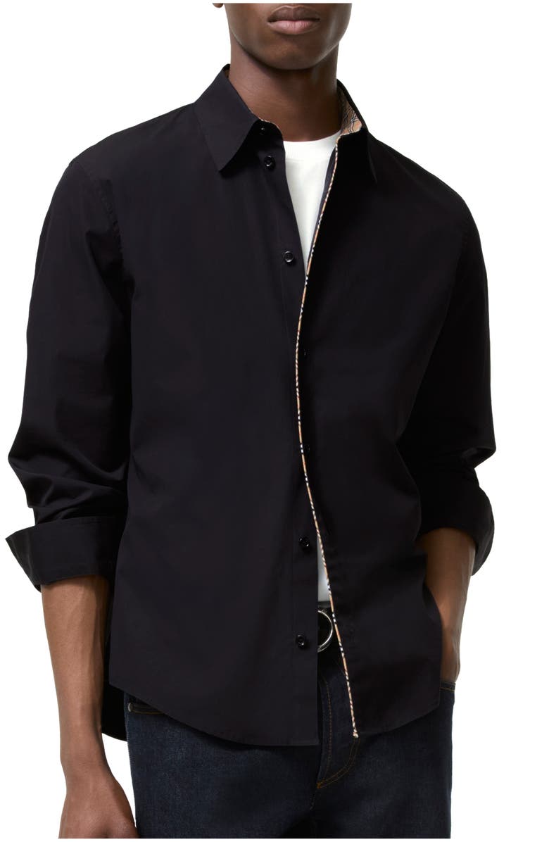 Burberry Check Piping Cotton Poplin Shirt, Main, color, Black
