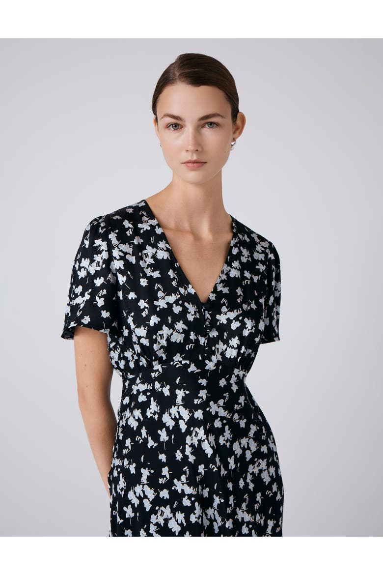 Elizabeth Floral Satin Midi Tea Dress, Alternate, color, Black Floral