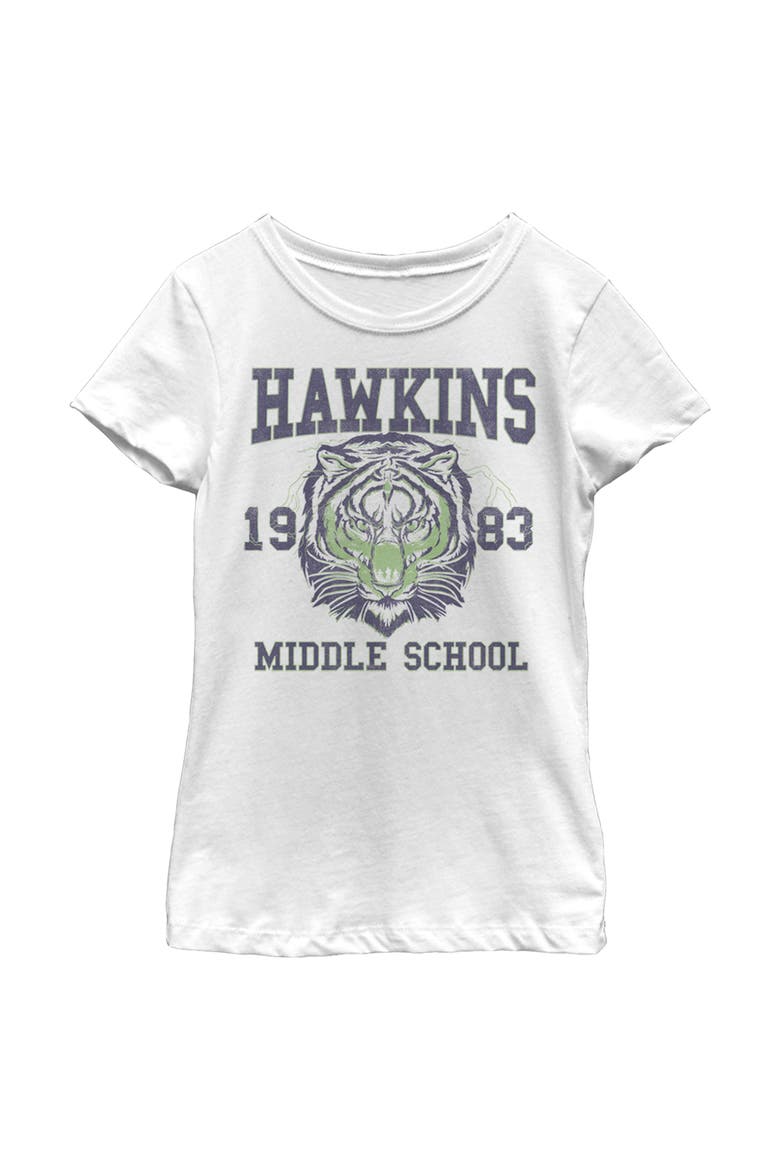 Girl's Stranger Things Hawkins Middle School Tiger  Graphic T-Shirt, Main, color, White
