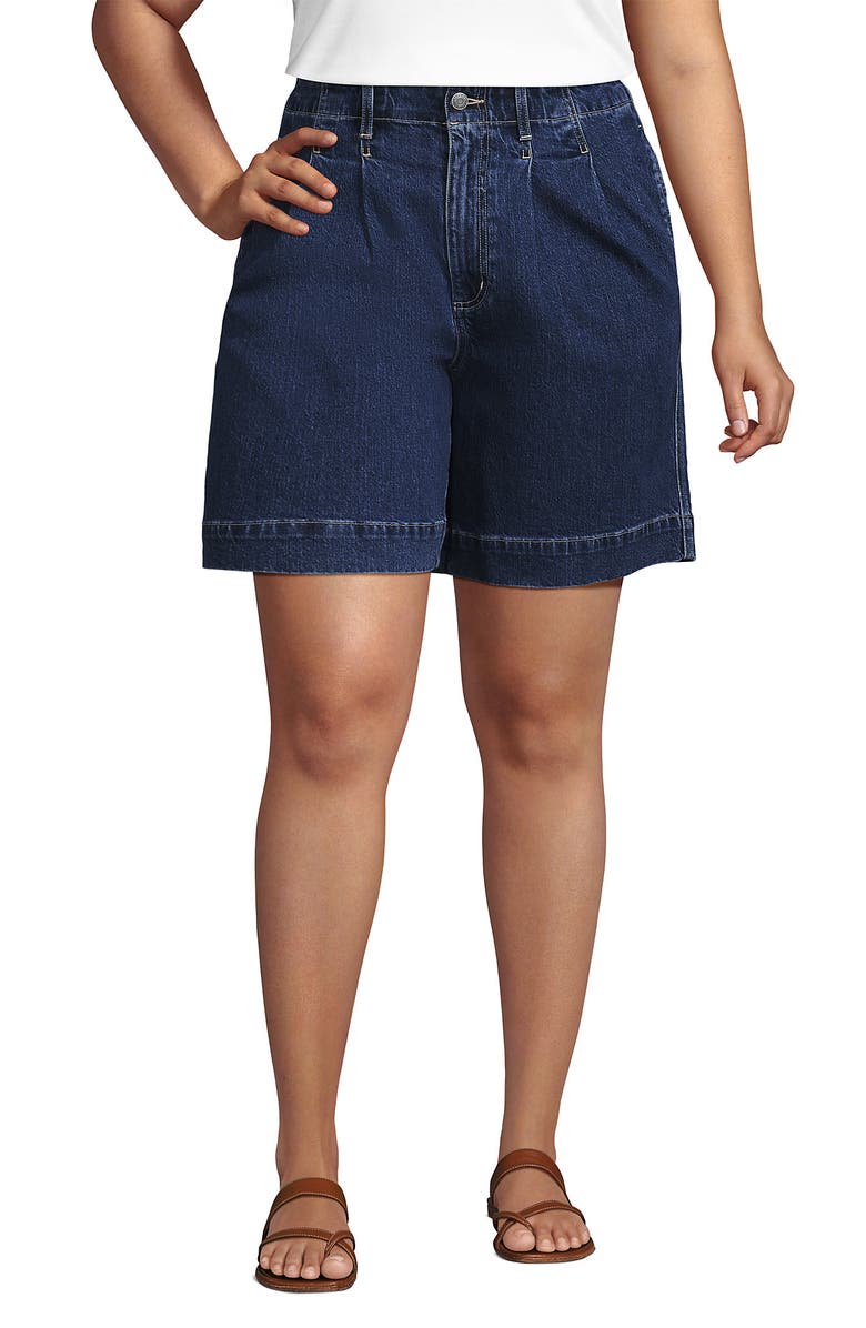 Lands' End Soft Denim High Rise 7" Pleated Trouser Shorts, Main, color, Crawford Wash