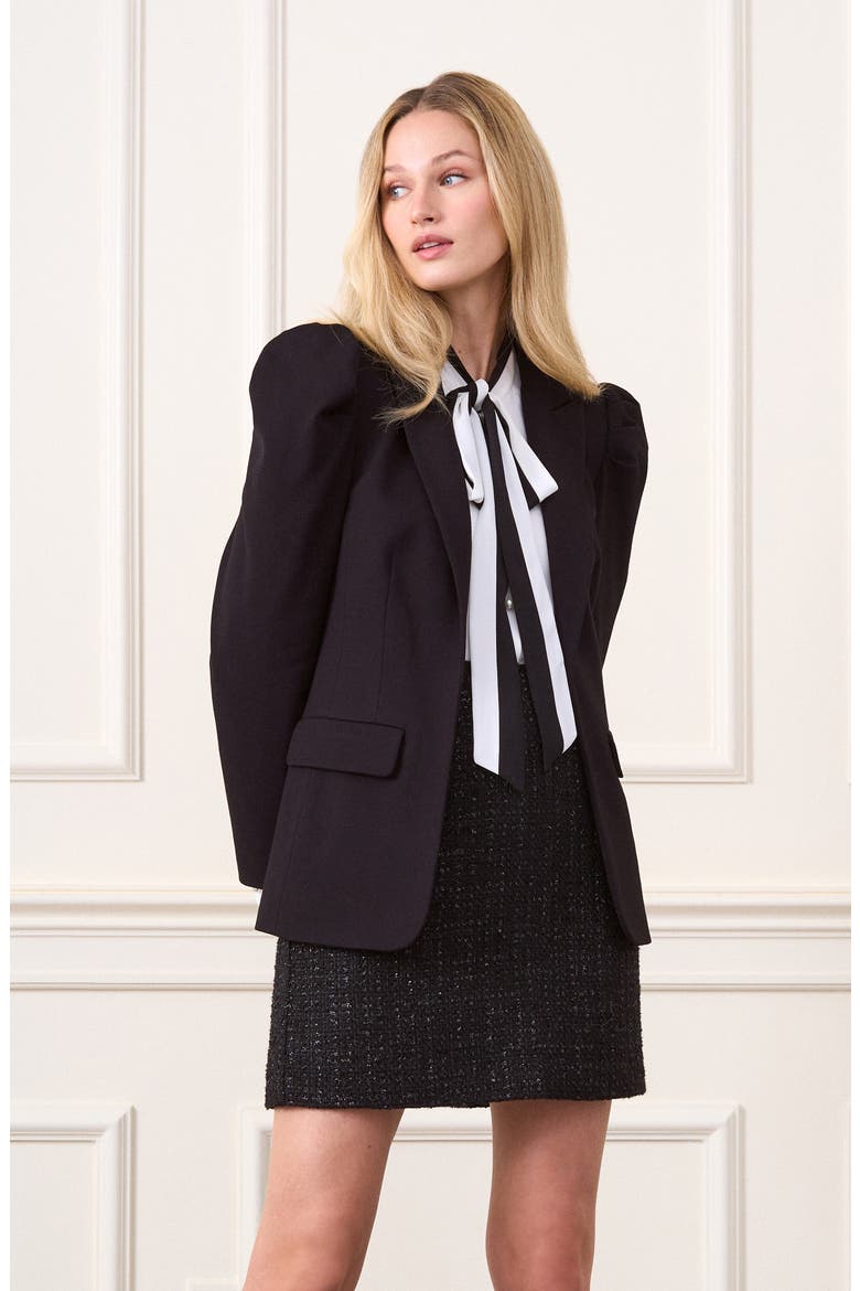 Puff Shoulder Open Front Ponte Blazer, Alternate, color, RICH BLACK