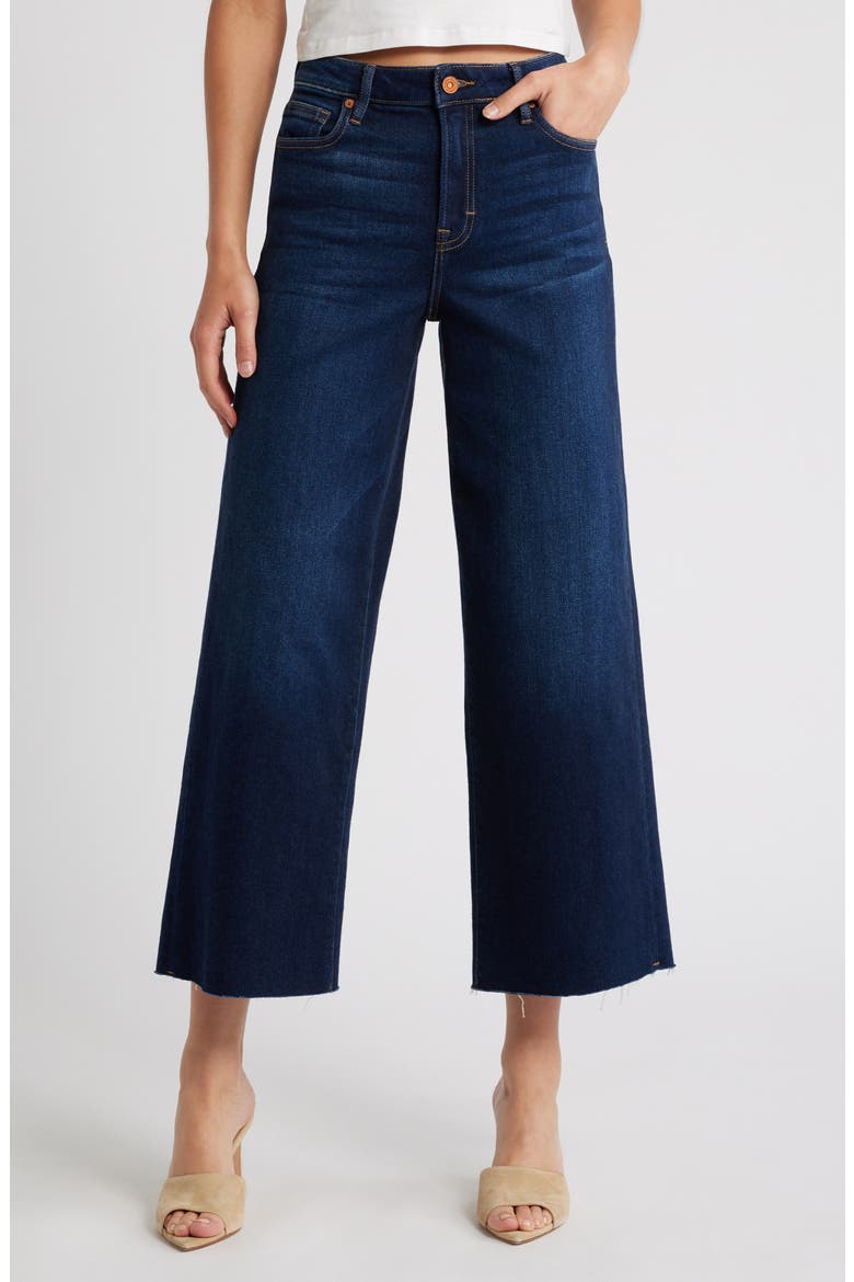 Clean Stretch Raw Hem Wide Leg Jeans, Main, color, DARK WASH