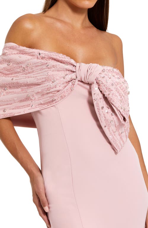 Mac Duggal Off-the-shoulder Satin Mermaid Gown With Beaded Bow Detail In Blush