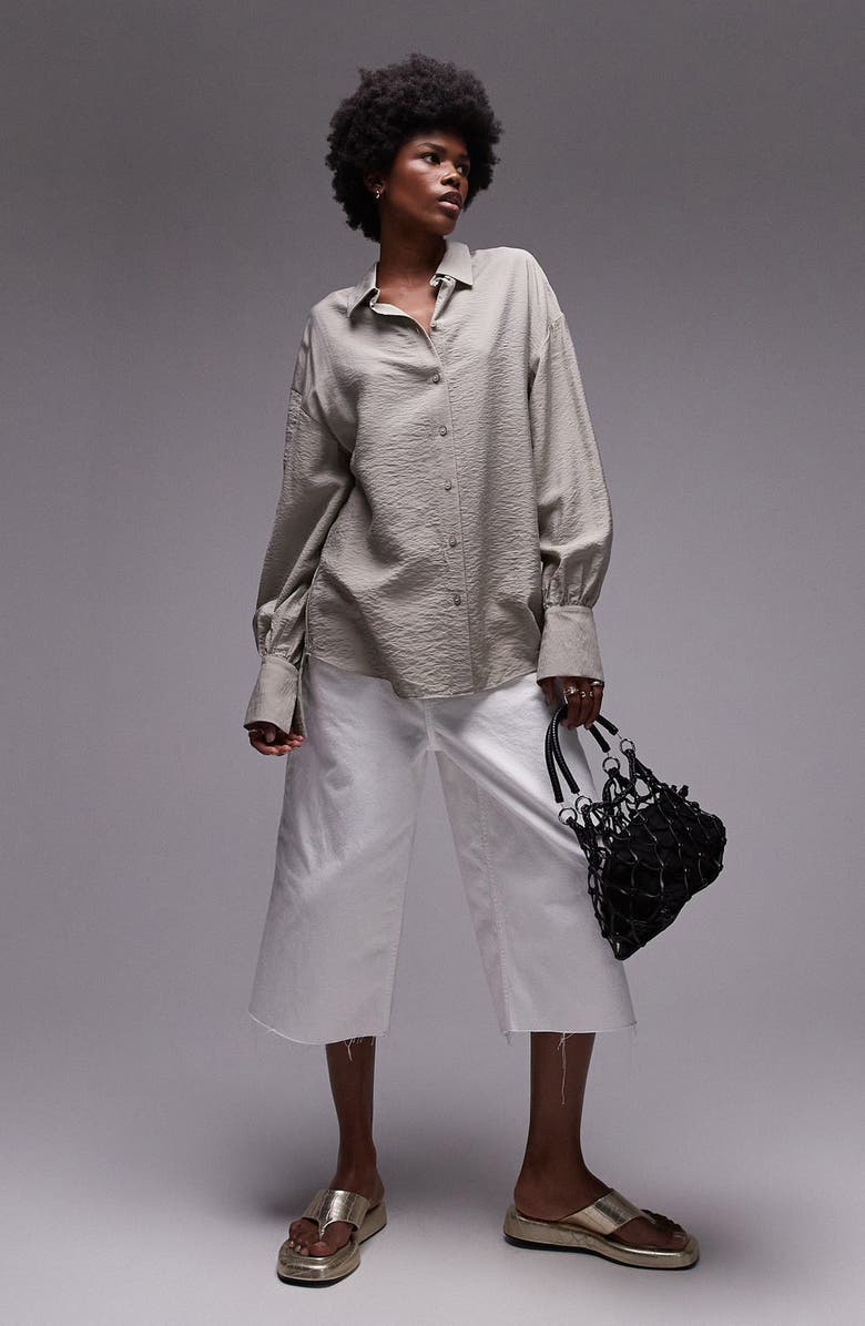 Topshop Textured Ruched Button-Up Shirt, Alternate, color, 
