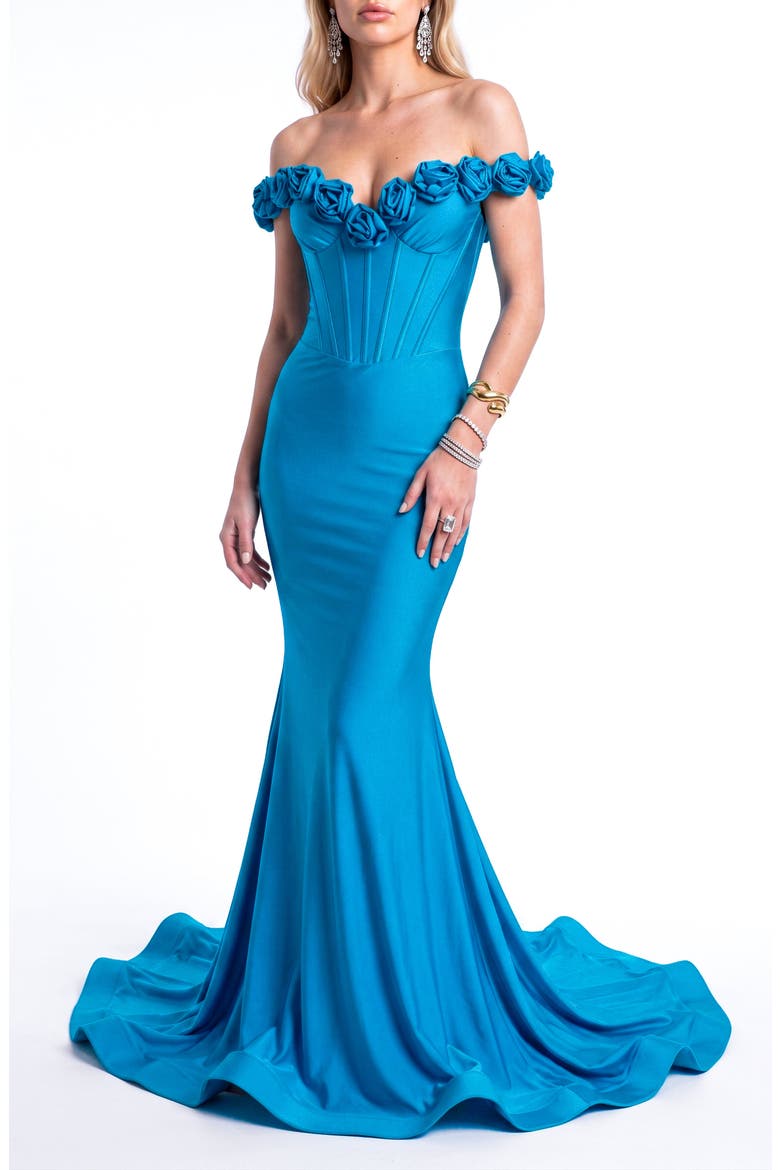 Rosette Off-Shoulder Corset Mermaid Gown, Alternate, color, Turquoise