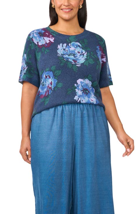 Floral Short Sleeve Crewneck Sweater