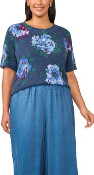Vince Camuto Floral Short Sleeve Crewneck Sweater