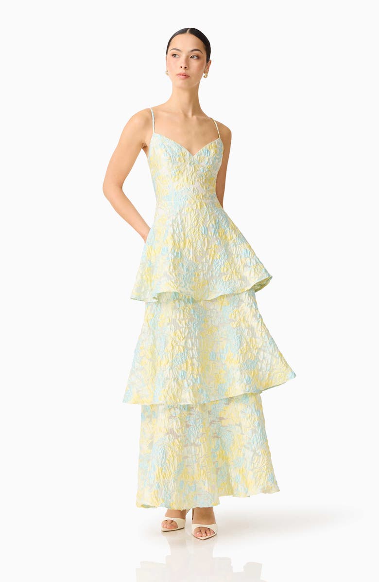 Elliatt Penelope Tiered Sleeveless Jacquard Gown, Alternate, color, Yellow Blue