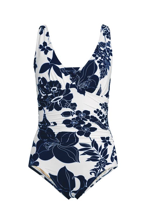 Lands' End Slender Suit Grecian One Piece Swimsuit In White/deep Sea Navy Lilies