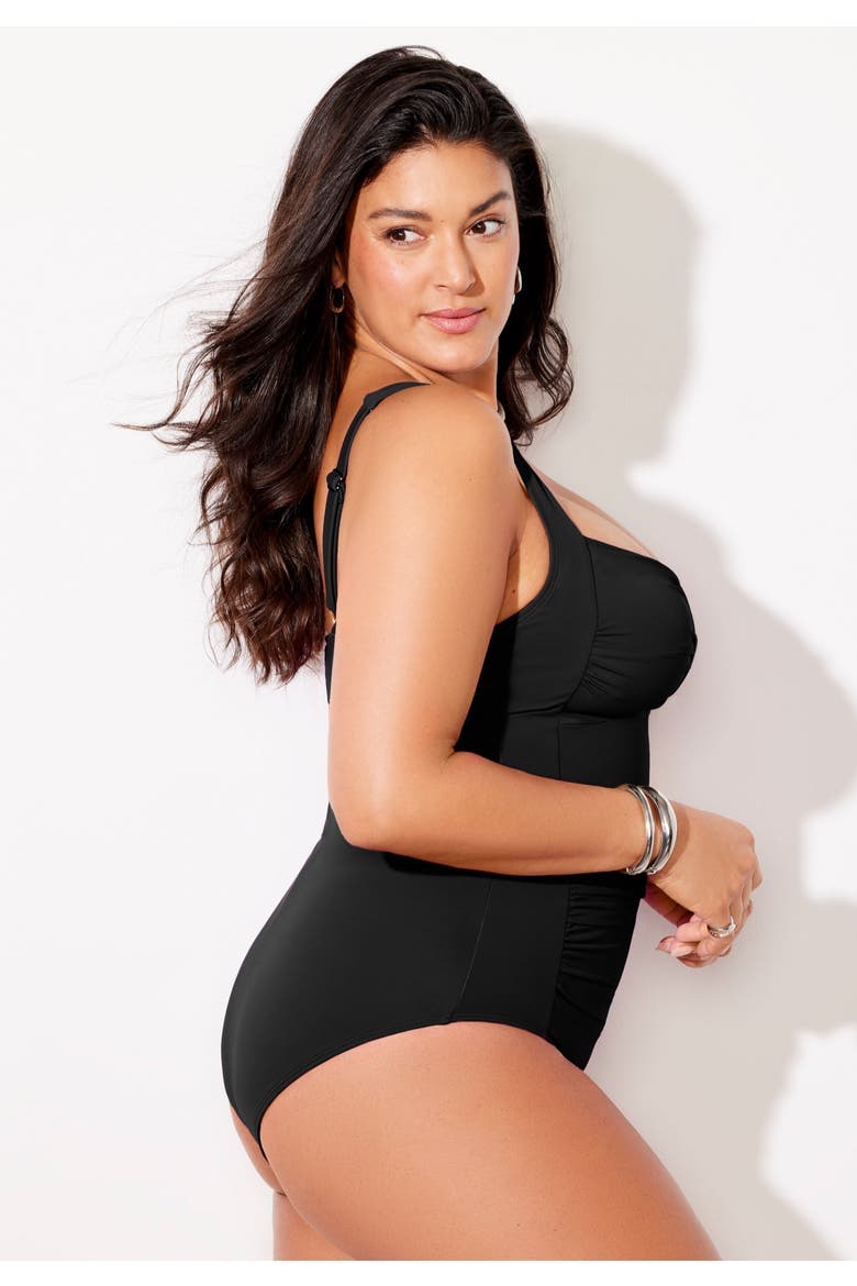 Ruched Twist Front One Piece Swimsuit, Alternate, color, Black
