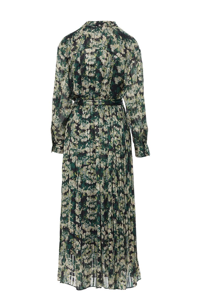 Mandarin Collar Patterned Maxi Dress with Belt, Alternate, color, Green