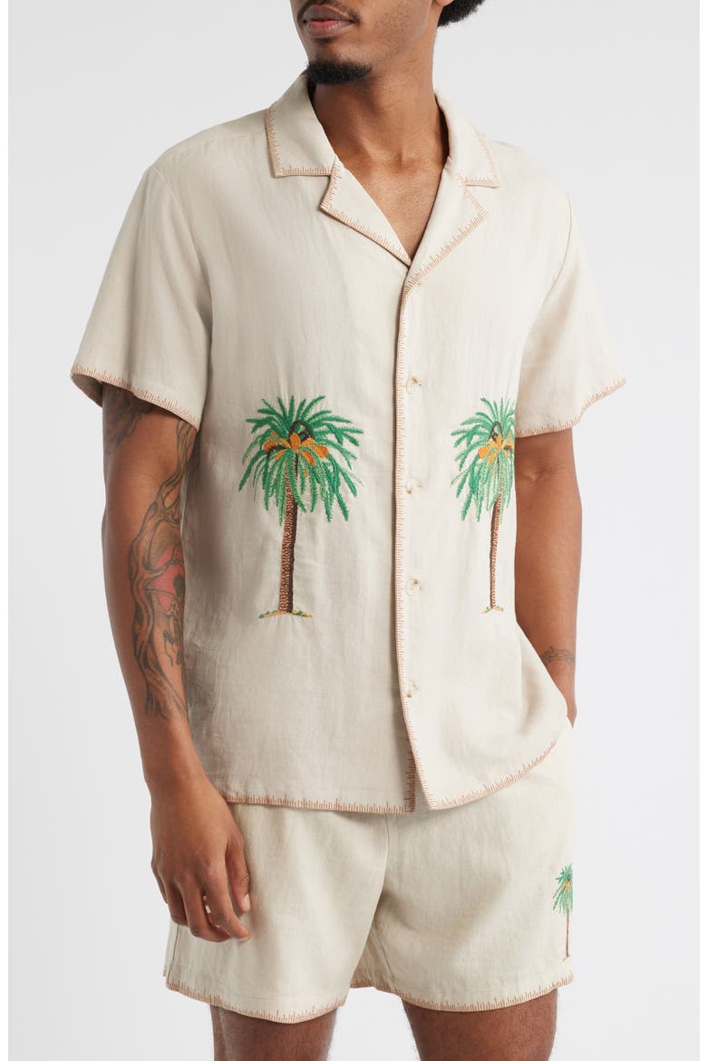 Palm Tree Linen Blend Button-Up Shirt, Main, color, BEIGE