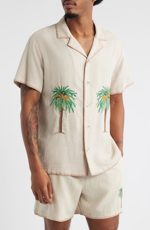Palm Tree Linen Blend Button-Up Shirt