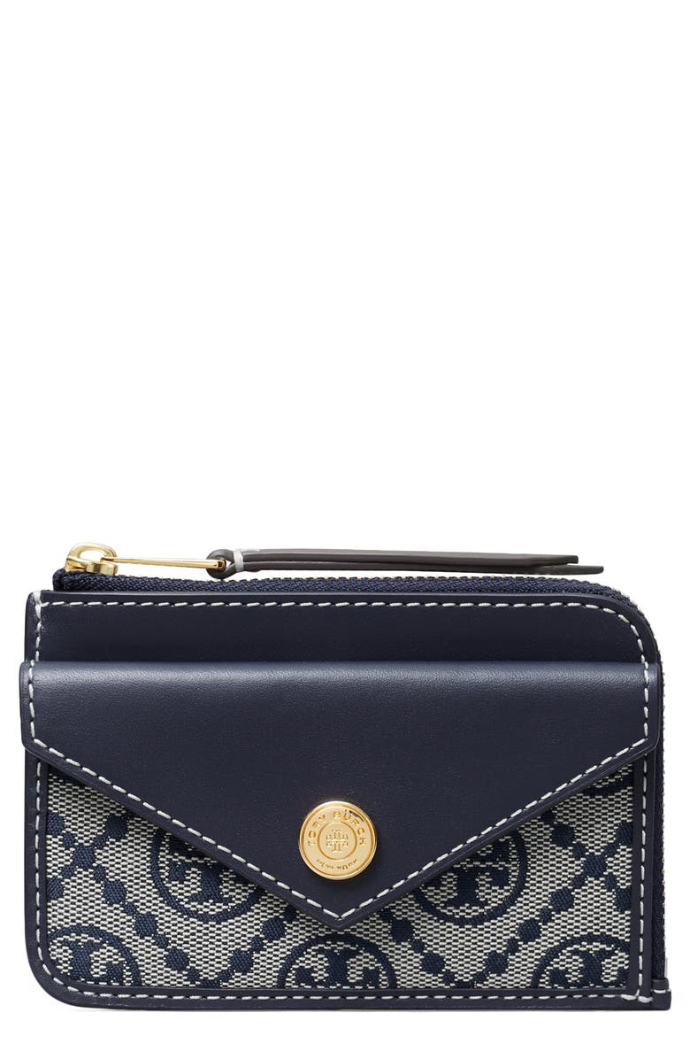Tory Burch T Monogram Jacquard & Leather Envelope Zip Card Case, Main, color, Tory Navy