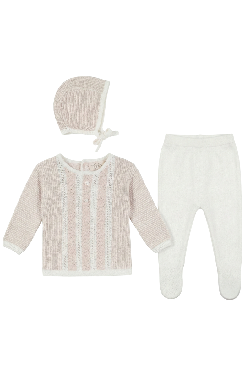 Bebe Bella Striped Pointelle Knit Set Long Sleeve Top and Pants with Bonnet, Main, color, White