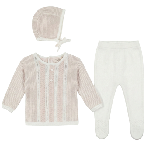 Striped Pointelle Knit Set Long Sleeve Top and Pants with Bonnet (Baby)