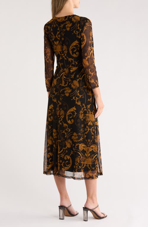 Connected Apparel Long Sleeve Wrap Style Mesh Dress In Brown