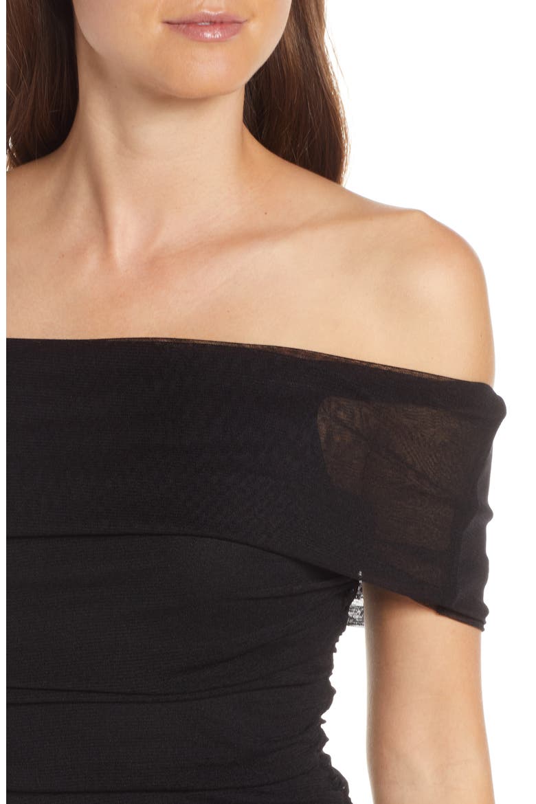 Ruched Bodice Off the Shoulder Mesh Jumpsuit, Alternate, color, BLACK