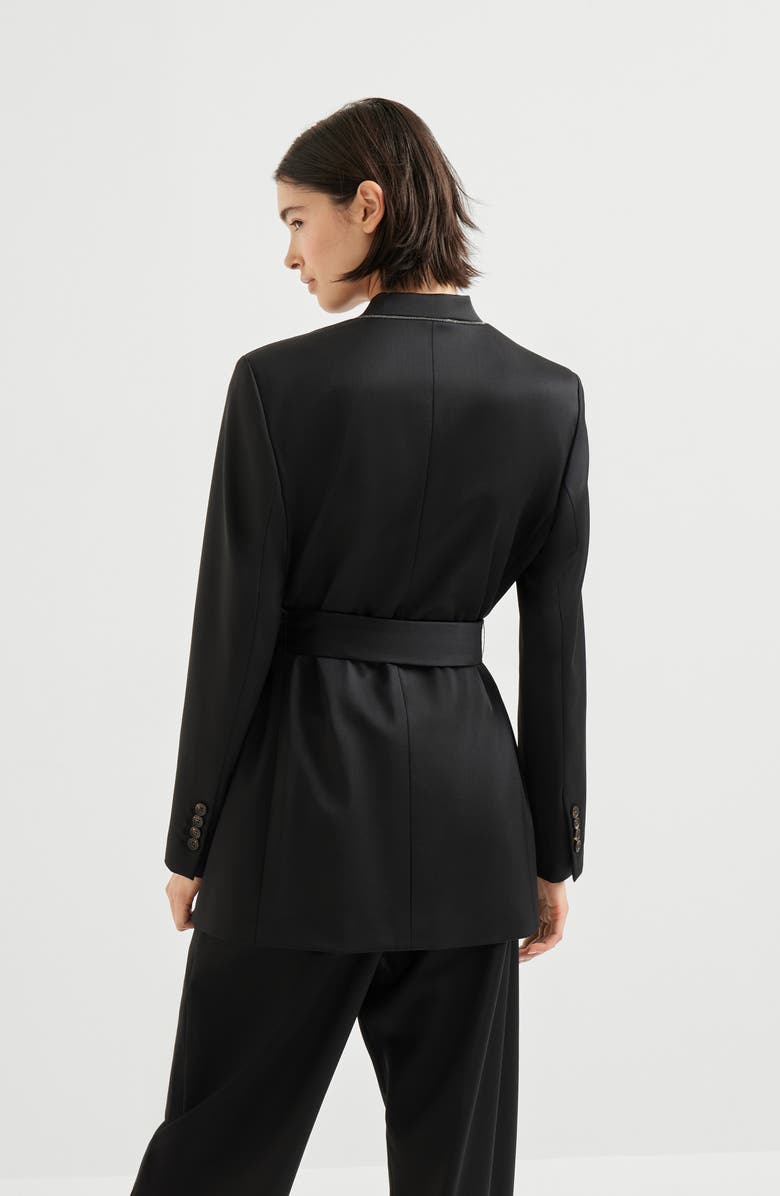 Brunello Cucinelli Satin belted blazer with monili, Alternate, color, Black