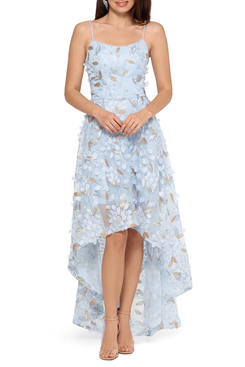 Xscape 3D Floral High/Low Gown, Main, color, BLUE