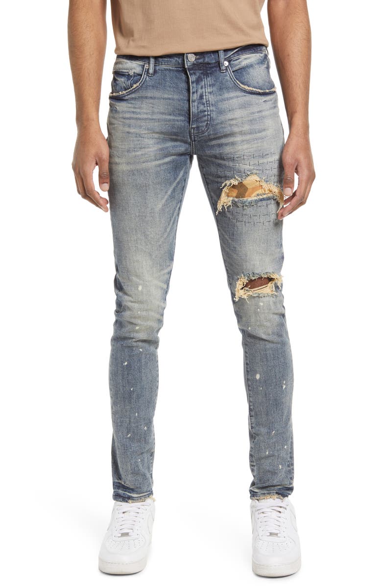 PURPLE BRAND PURPLE Camouflage Patch Destroyed Slim Jeans, Main, color, Camo Patched Indigo