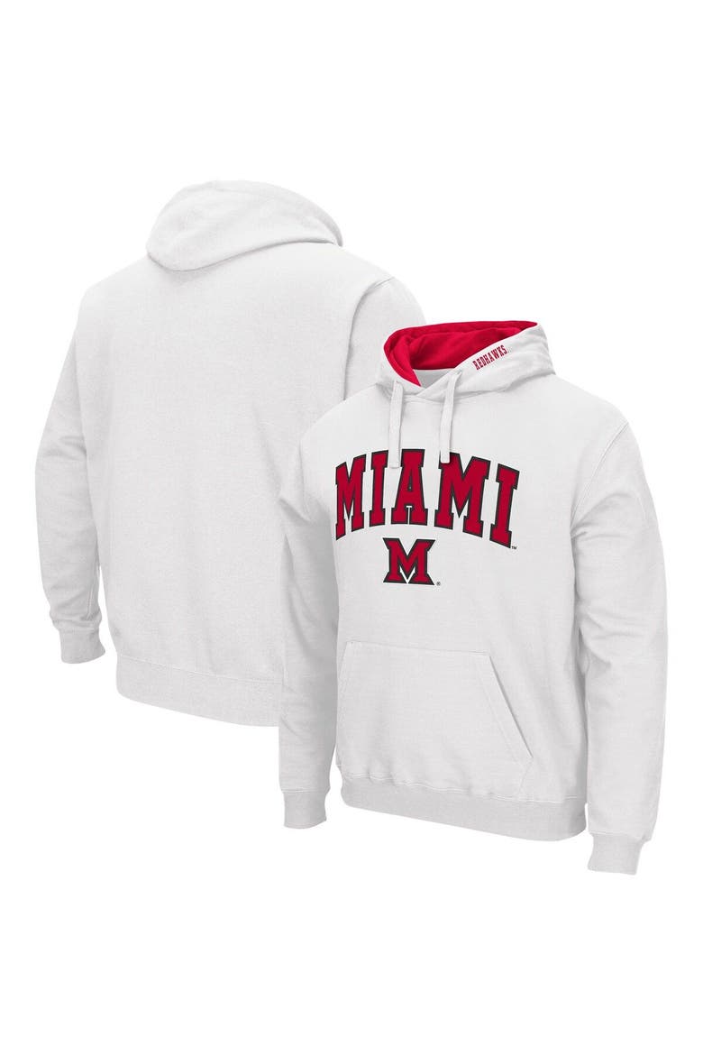 Men's Colosseum White Miami University RedHawks Arch and Logo Pullover Hoodie, Main, color, White