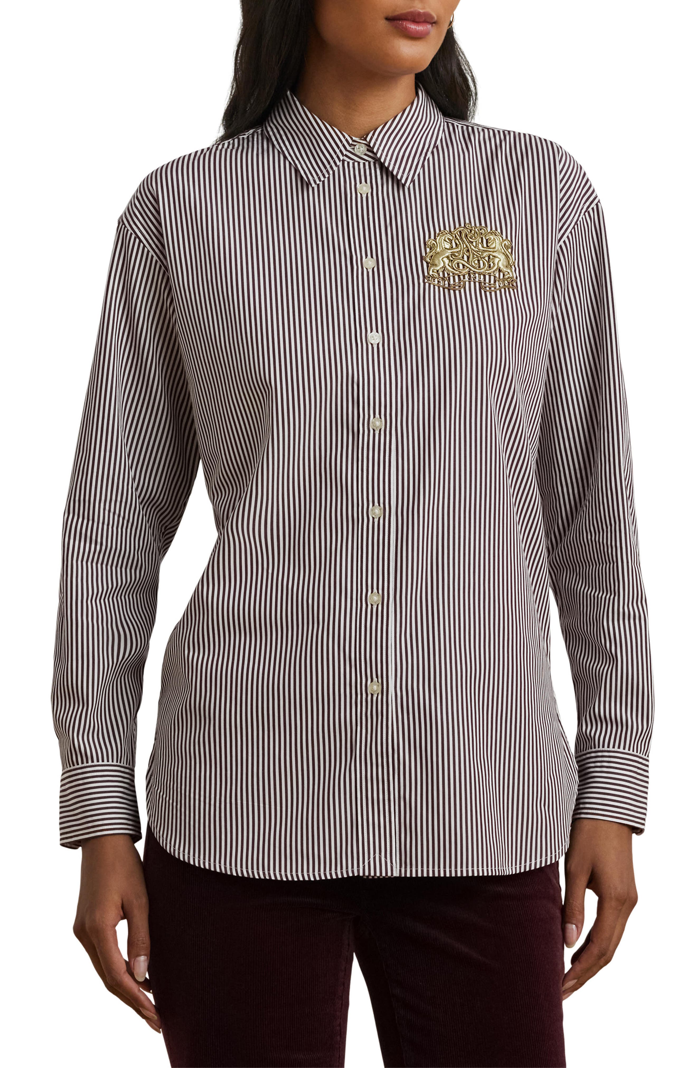 Stripe Lion Crest Cotton Button-Up Shirt