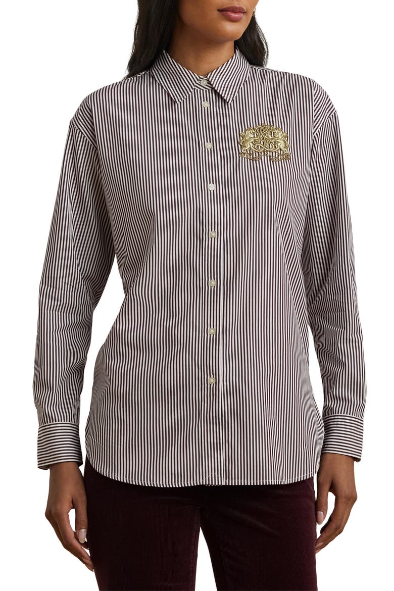Stripe Lion Crest Cotton Button-Up Shirt, Main, color, PINOT NOIR/ WHITE