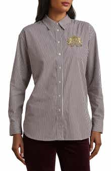 Stripe Lion Crest Cotton Button-Up Shirt