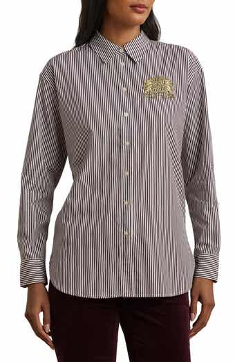 Stripe Lion Crest Cotton Button-Up Shirt