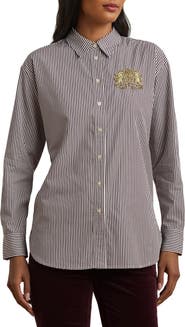 Lauren Ralph Lauren Stripe Lion Crest Cotton Button-Up Shirt