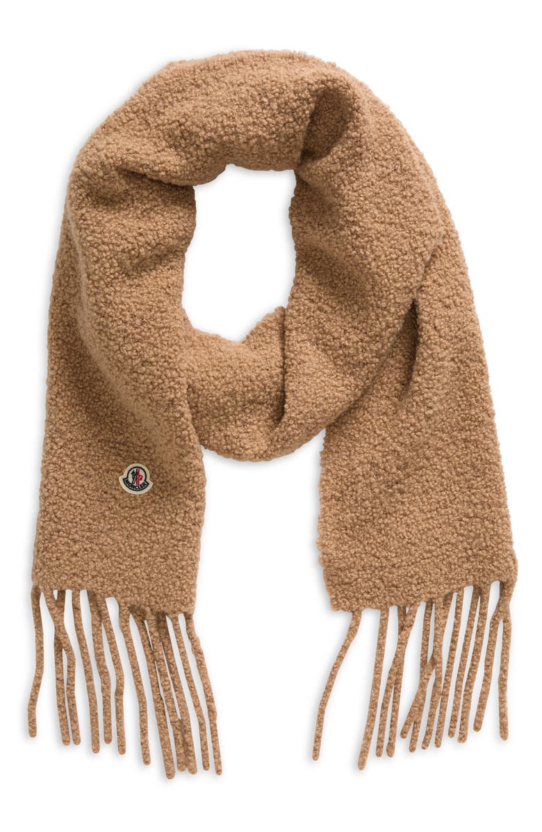 Moncler Logo Patch Alpaca Blend Fringe Scarf, Alternate, color, Brown